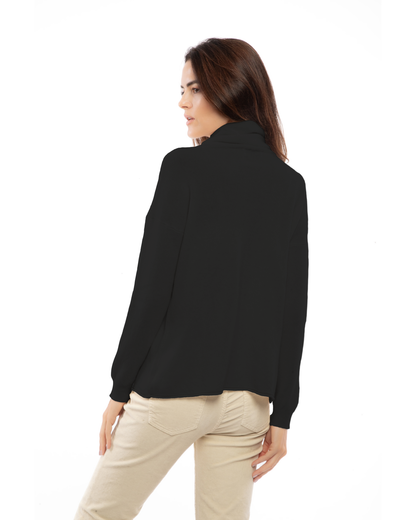 Black oversized pure cashmere cowl-neck sweater, back view on a model.