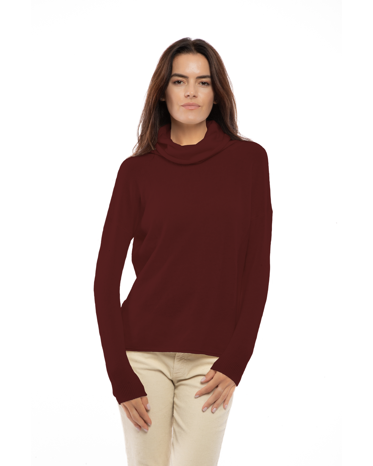 Bordeaux oversized pure cashmere cowl-neck sweater, model view.