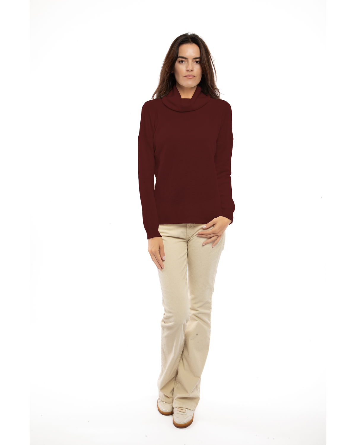 Bordeaux oversized pure cashmere cowl-neck sweater, full-length view on a model.