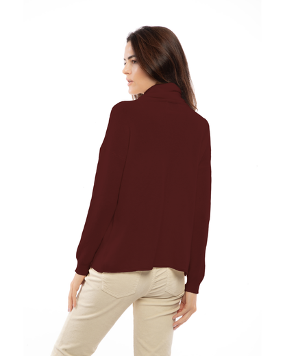Bordeaux oversized pure cashmere cowl-neck sweater, back view on a model.