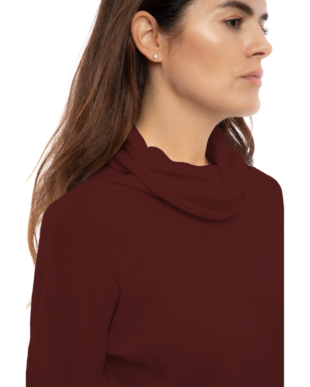 Bordeaux oversized pure cashmere cowl-neck sweater, close-up of the draped cowl neckline and cashmere texture.
