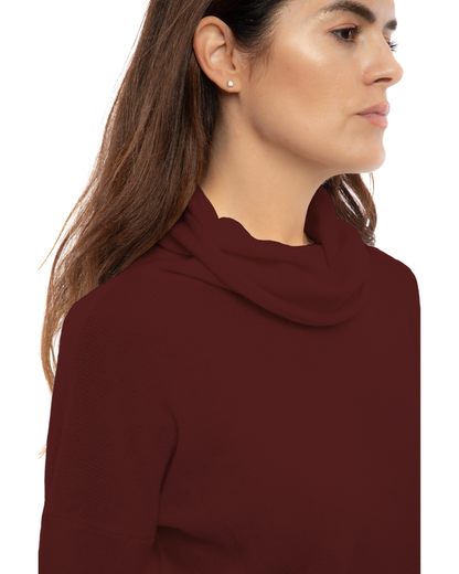 Bordeaux oversized pure cashmere cowl-neck sweater, close-up of the draped cowl neckline and cashmere texture.