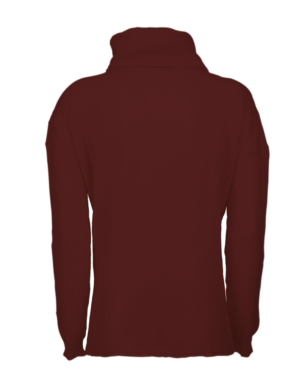 Bordeaux oversized pure cashmere cowl-neck sweater, back view laid flat.