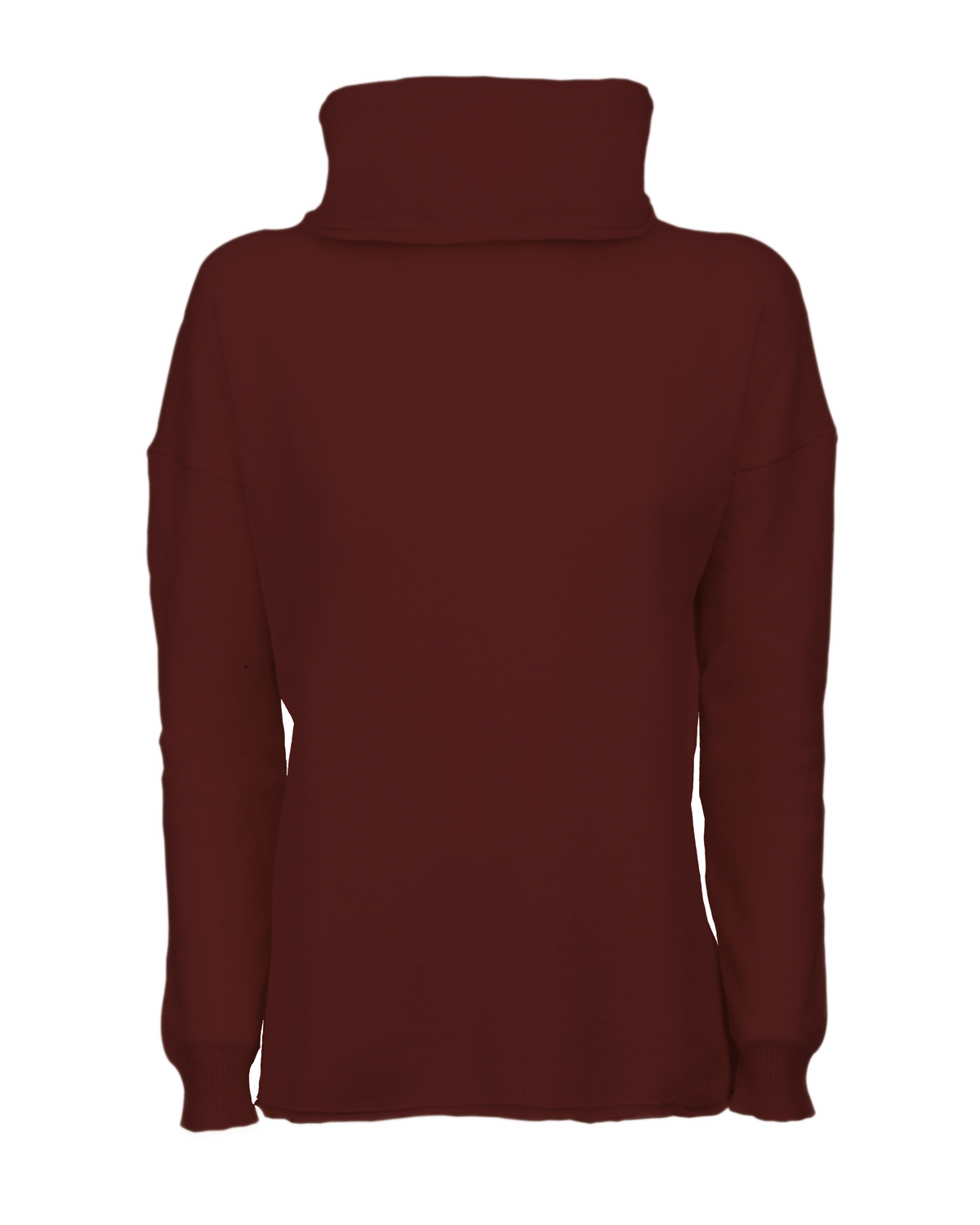 Bordeaux oversized pure cashmere cowl-neck sweater, front view laid flat.