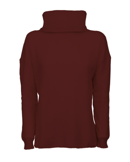 Bordeaux oversized pure cashmere cowl-neck sweater, front view laid flat.