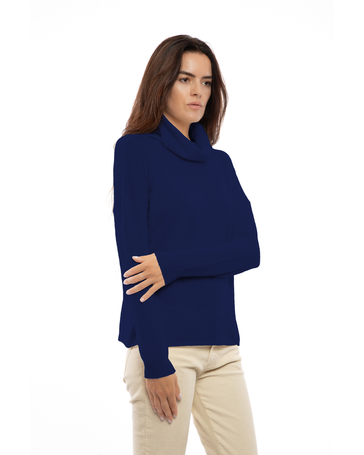 Blue oversized pure cashmere cowl-neck sweater, model view.