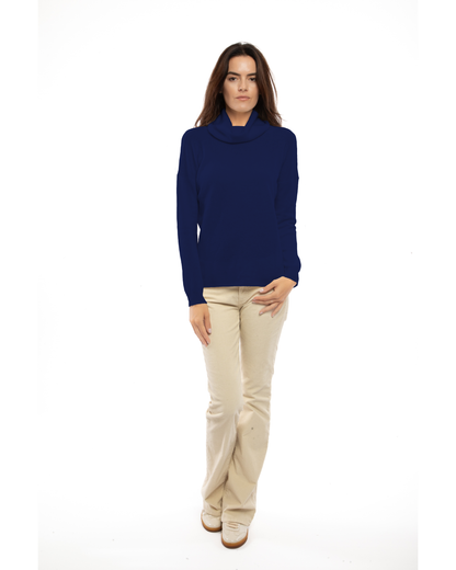 Blue oversized pure cashmere cowl-neck sweater, full-length view on a model.