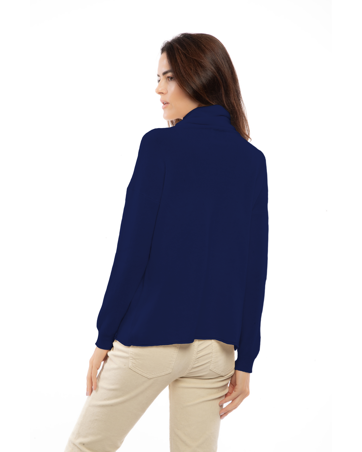 Blue oversized pure cashmere cowl-neck sweater, back view on a model.