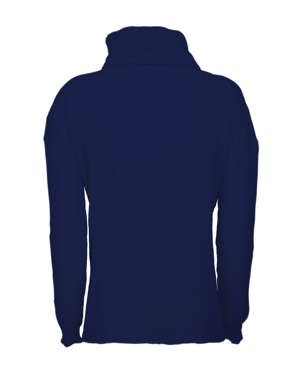 Blue oversized pure cashmere cowl-neck sweater, back view laid flat.