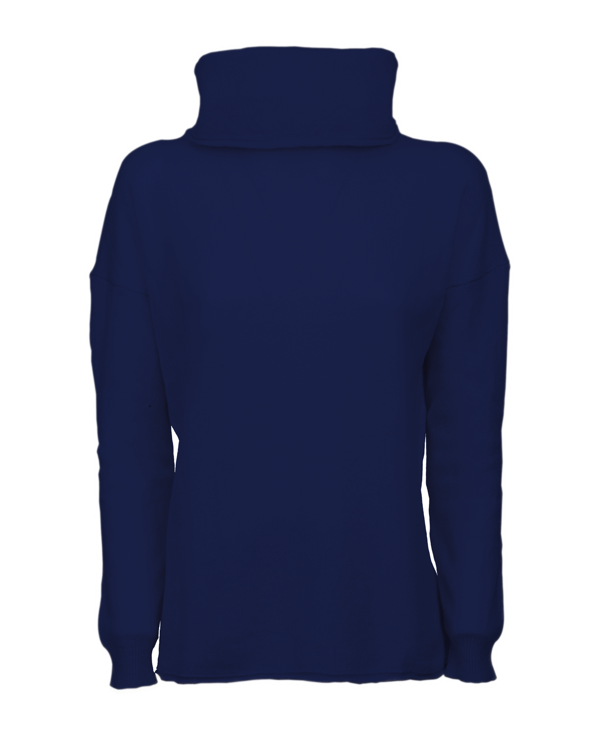 Blue oversized pure cashmere cowl-neck sweater, front view laid flat.