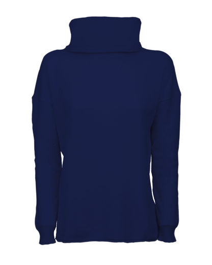 Blue oversized pure cashmere cowl-neck sweater, front view laid flat.