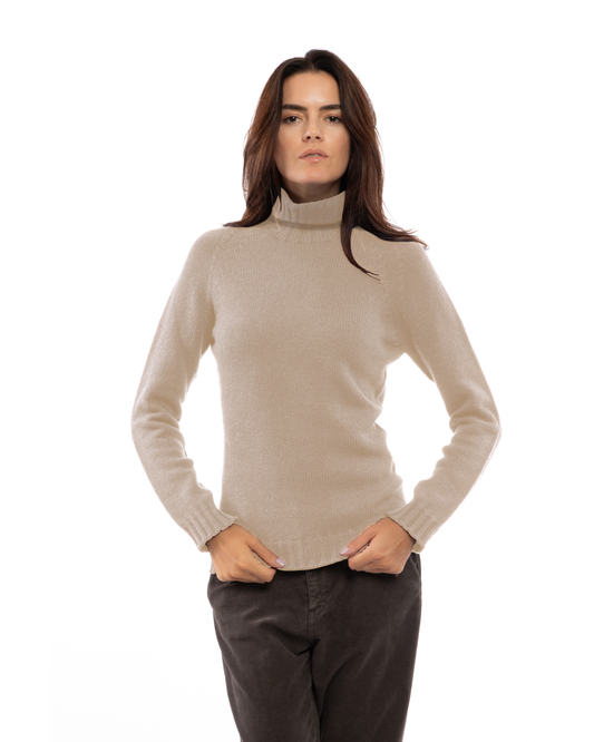 Taupe cashmere raglan-sleeve turtleneck sweater, front view on a model.