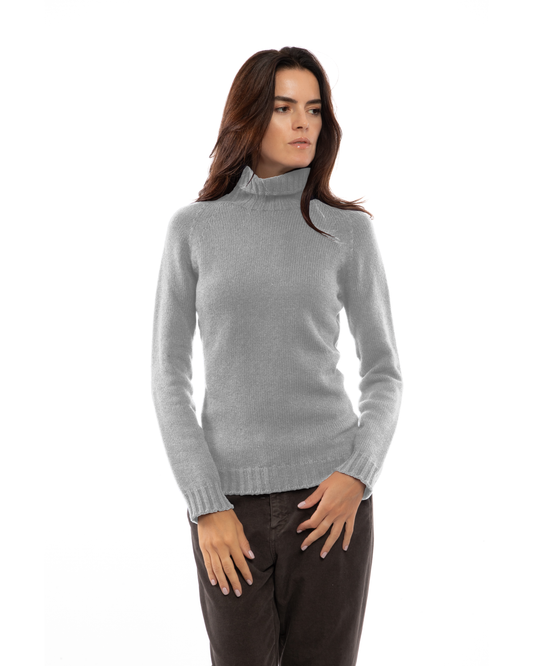 Medium Gray cashmere raglan-sleeve turtleneck sweater, front view on a model.