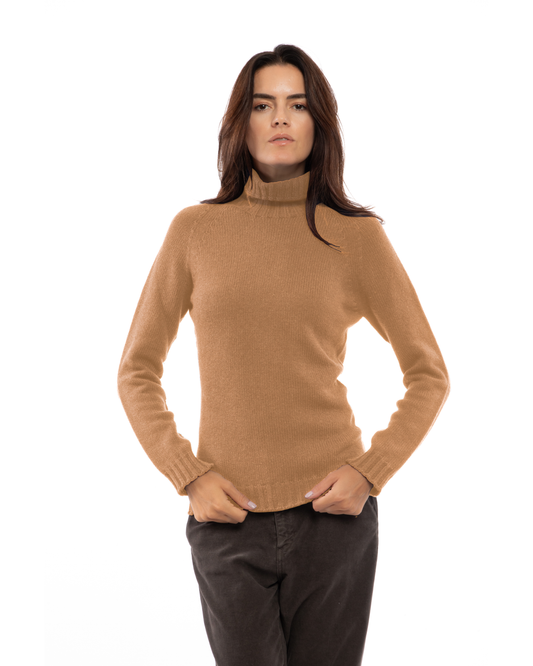 Camel cashmere raglan-sleeve turtleneck sweater, front view on a model.