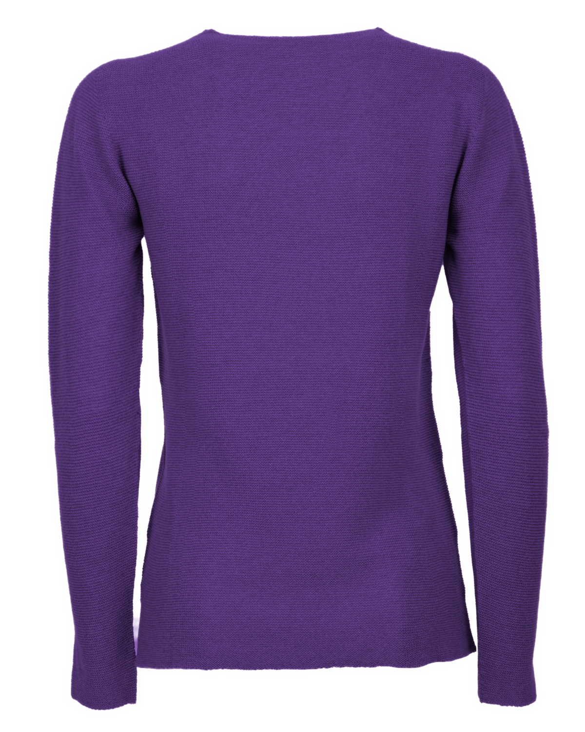 Iris Purple pure cashmere links-stitch V-neck sweater, back view laid flat.