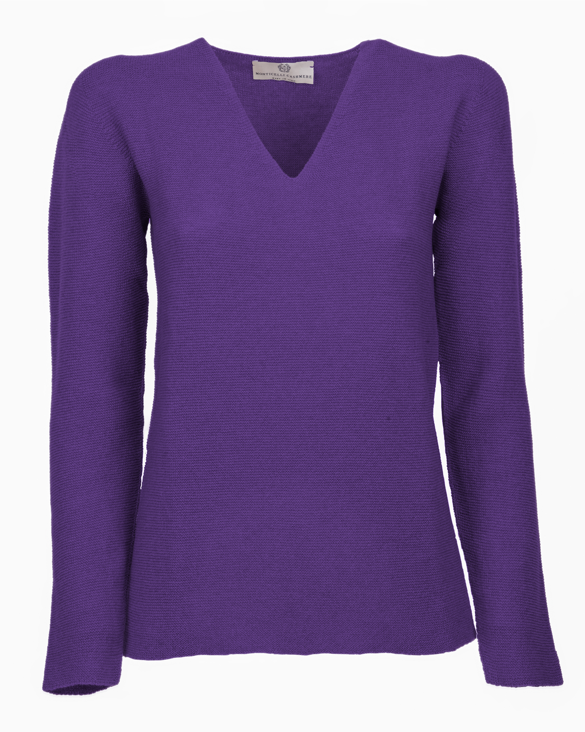 Iris Purple pure cashmere links-stitch V-neck sweater, front view laid flat.