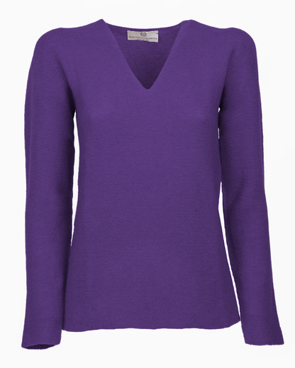 Iris Purple pure cashmere links-stitch V-neck sweater, front view laid flat.