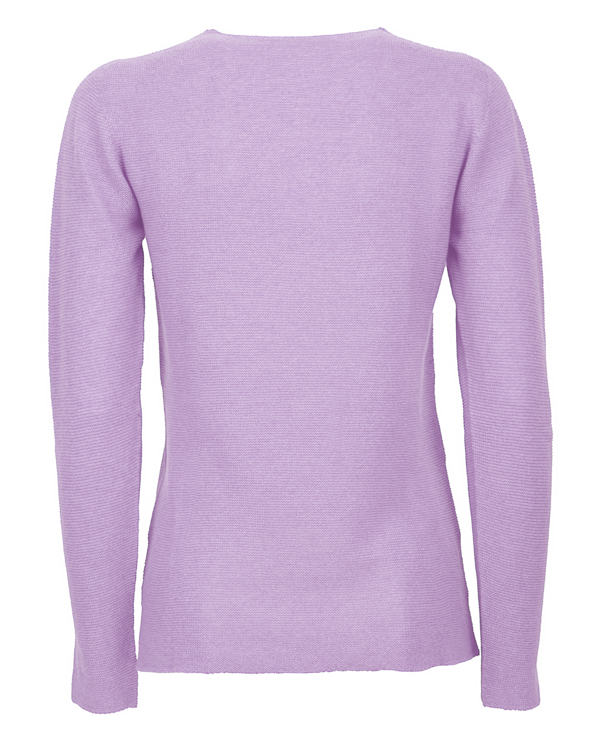 Lilac pure cashmere links-stitch V-neck sweater, back view laid flat.