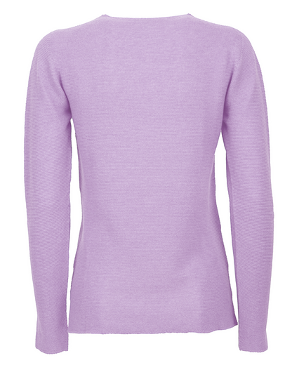 Lilac pure cashmere links-stitch V-neck sweater, back view laid flat.