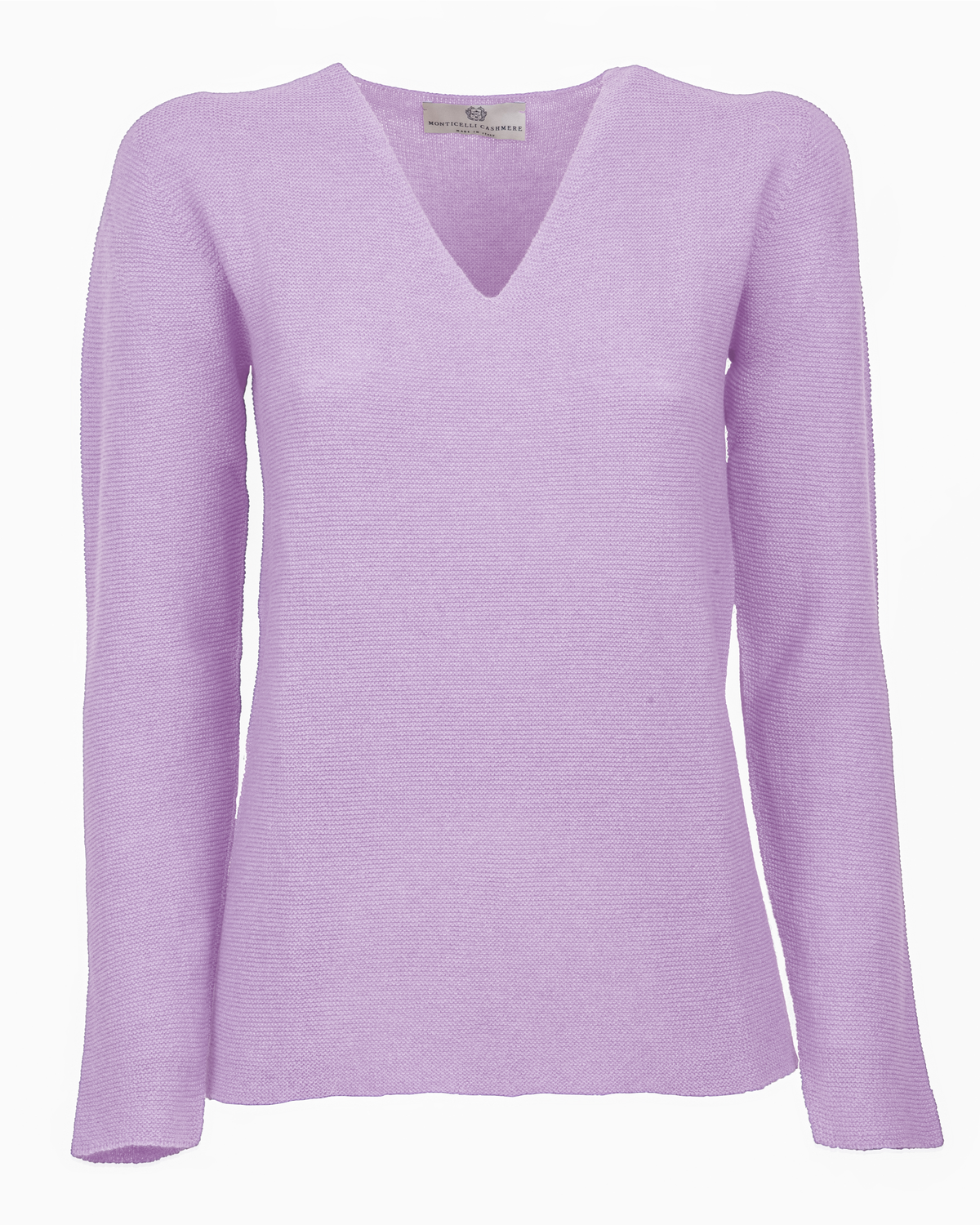Lilac pure cashmere links-stitch V-neck sweater, front view laid flat.