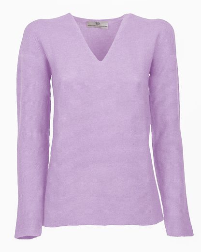 Lilac pure cashmere links-stitch V-neck sweater, front view laid flat.