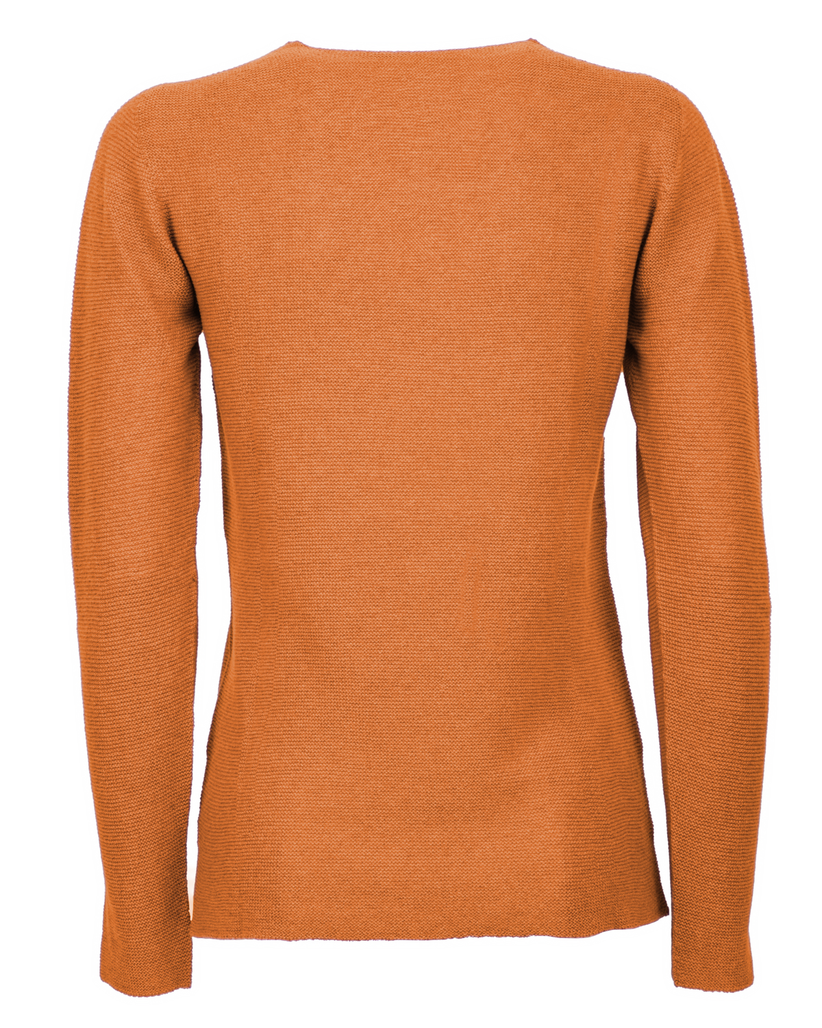 Saffron pure cashmere links-stitch V-neck sweater, back view laid flat.