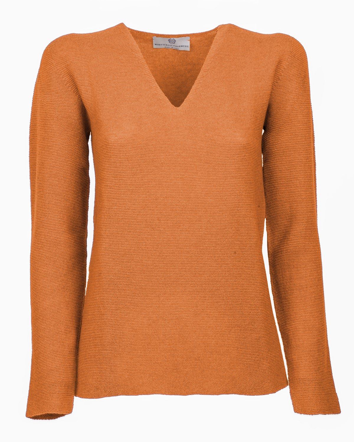 Saffron pure cashmere links-stitch V-neck sweater, front view laid flat.