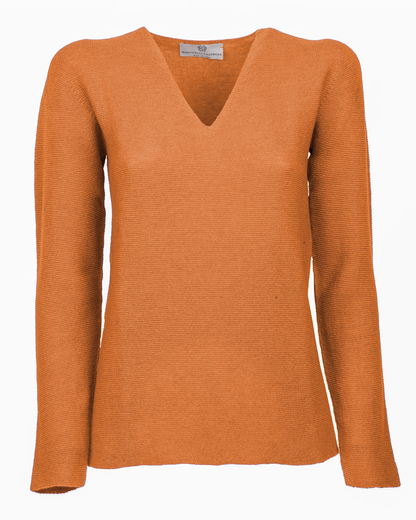 Saffron pure cashmere links-stitch V-neck sweater, front view laid flat.