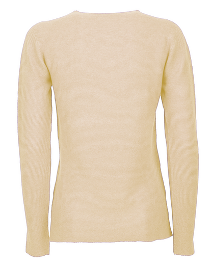 Butter Yellow pure cashmere links-stitch V-neck sweater, back view laid flat.