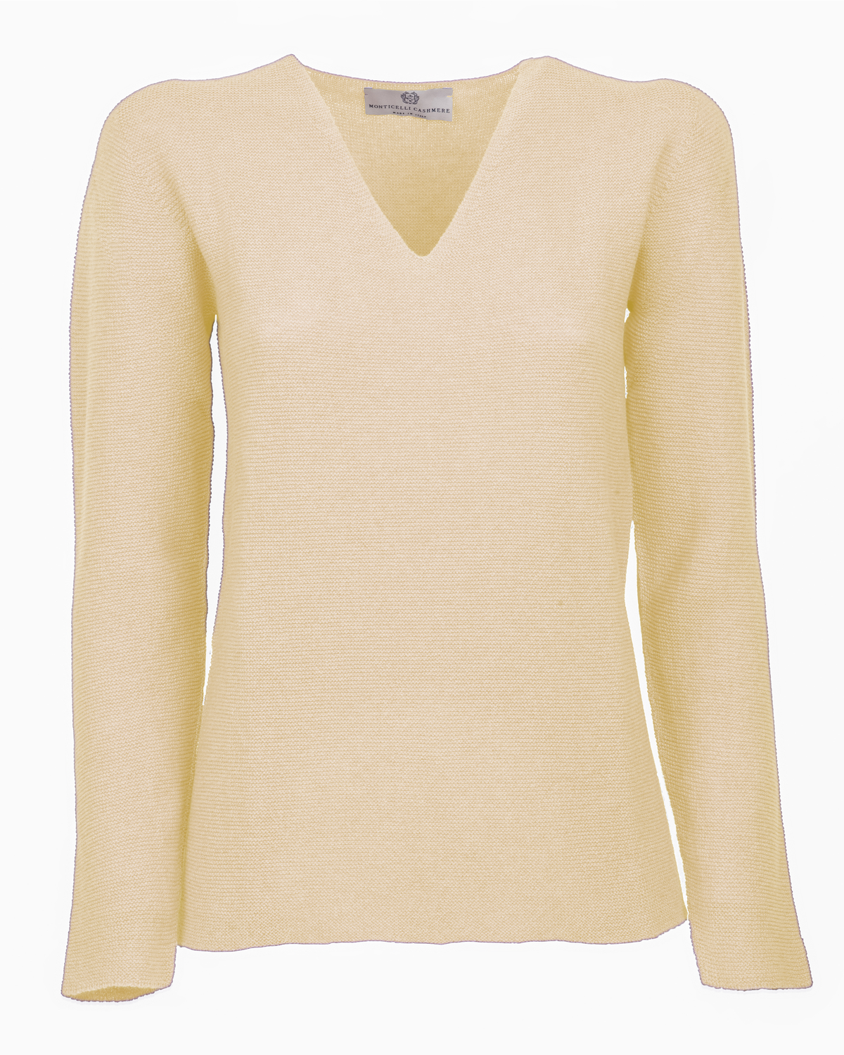 Butter Yellow pure cashmere links-stitch V-neck sweater, front view laid flat.