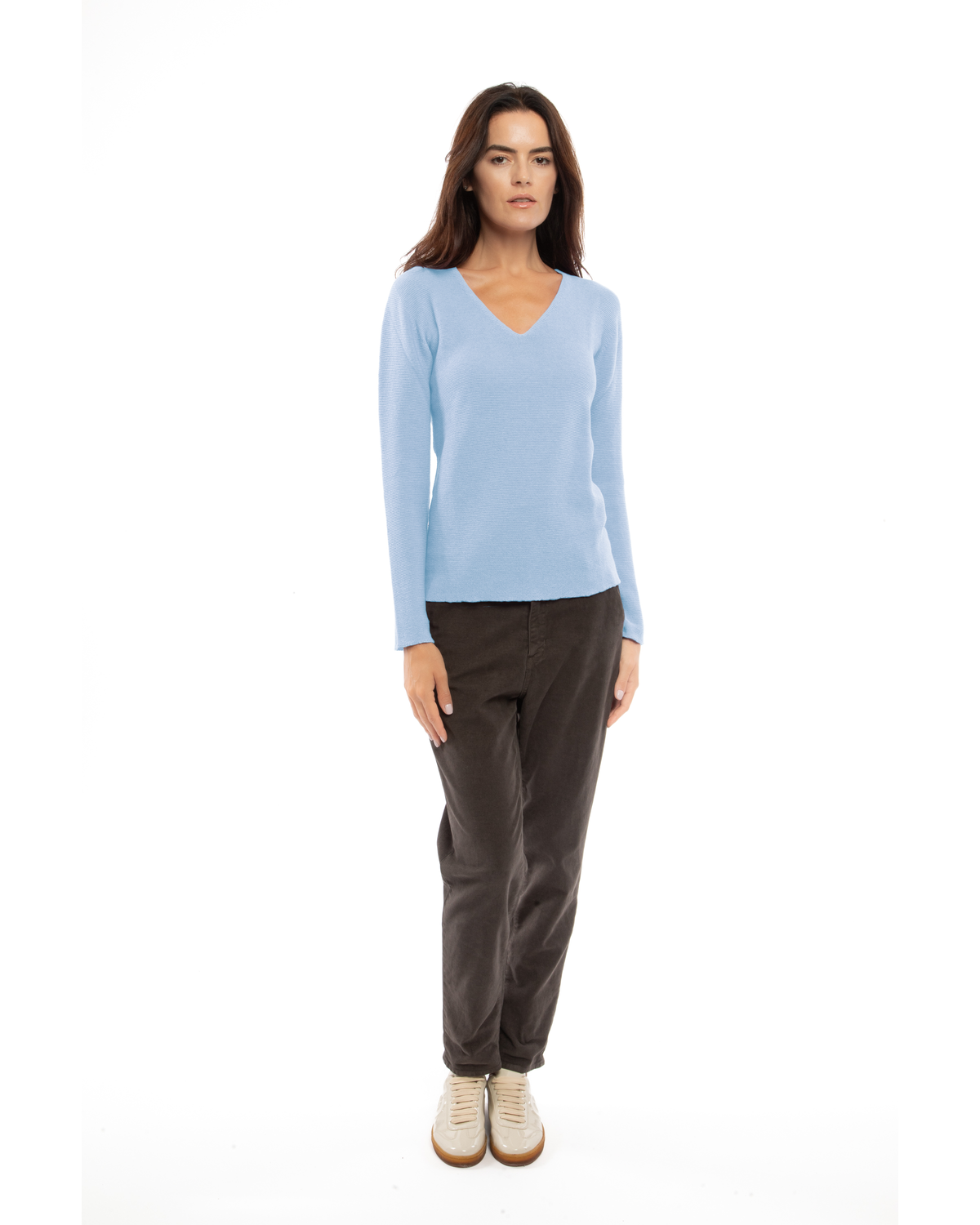 Baby Blue pure cashmere links-stitch V-neck sweater, full-length view on a model.