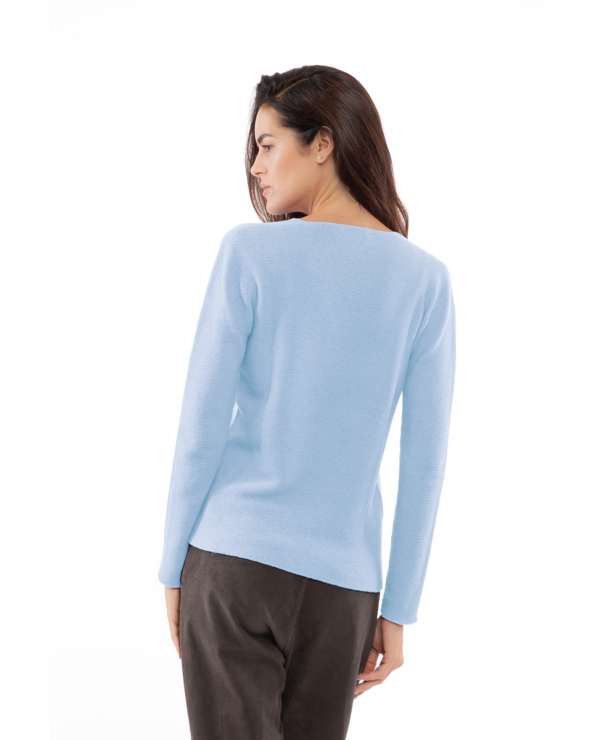 Baby Blue pure cashmere links-stitch V-neck sweater, back view on a model.