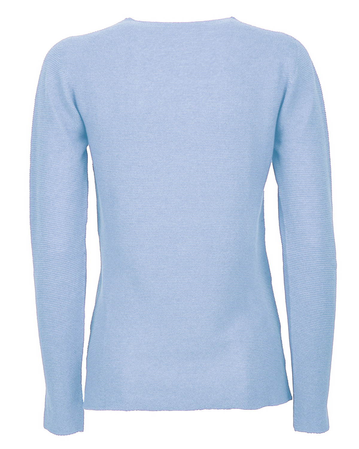 Baby Blue pure cashmere links-stitch V-neck sweater, back view laid flat.