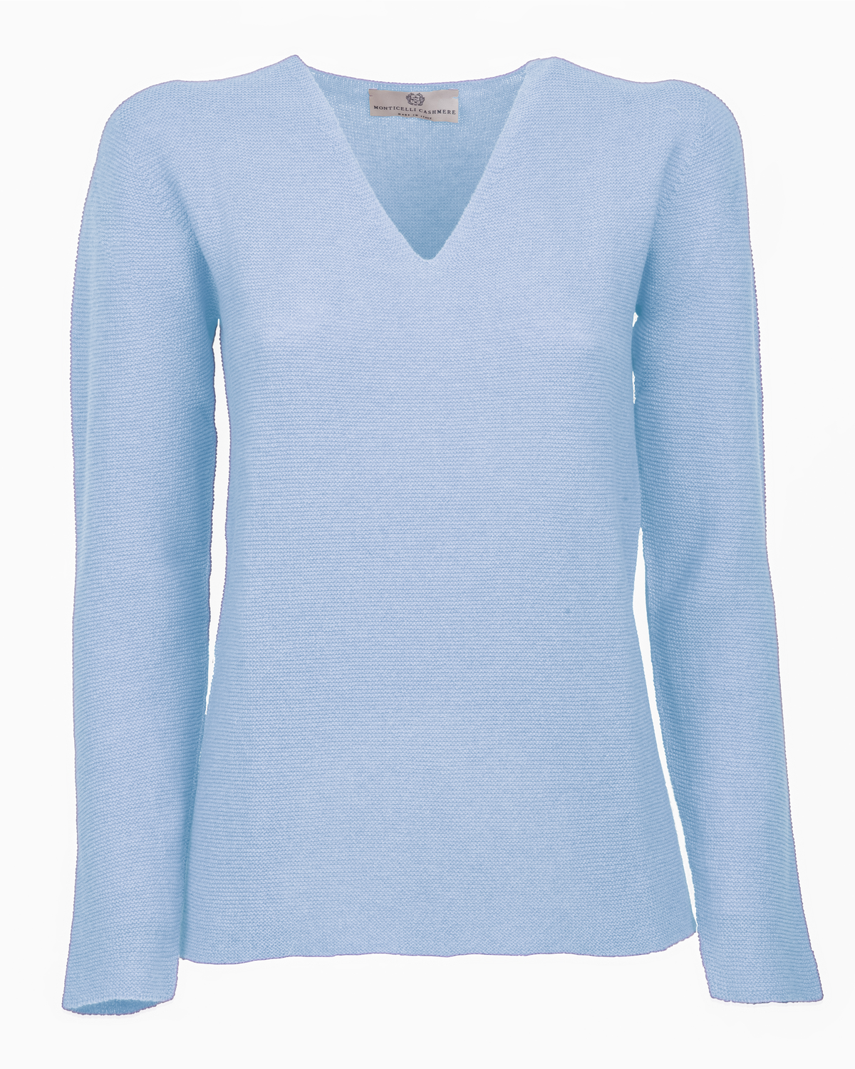 Baby Blue pure cashmere links-stitch V-neck sweater, front view laid flat.