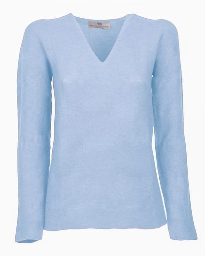 Baby Blue pure cashmere links-stitch V-neck sweater, front view laid flat.
