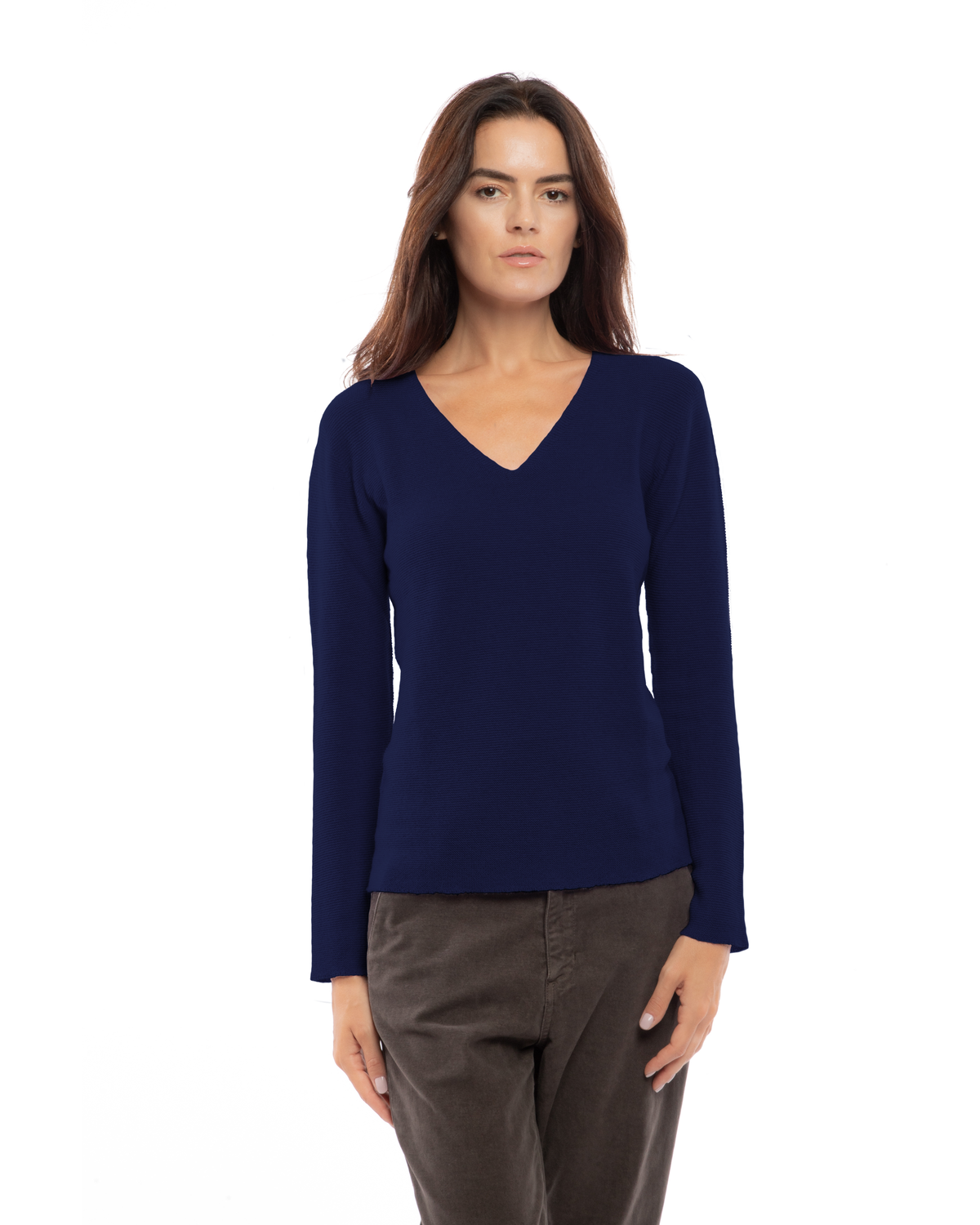 Blue pure cashmere links-stitch V-neck sweater, model view.