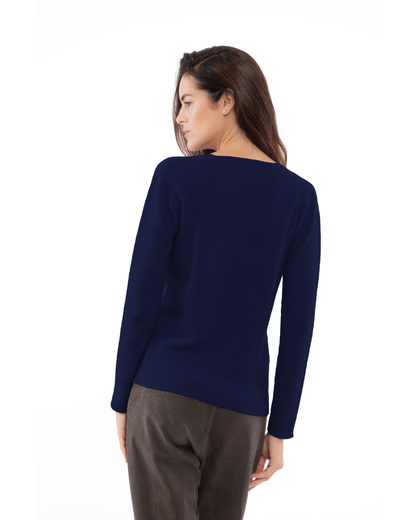 Blue pure cashmere links-stitch V-neck sweater, back view on a model.