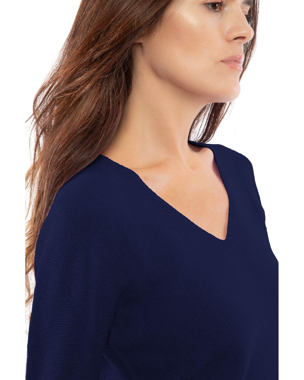 Blue pure cashmere links-stitch V-neck sweater, close-up of the V-neckline and links-stitch texture.