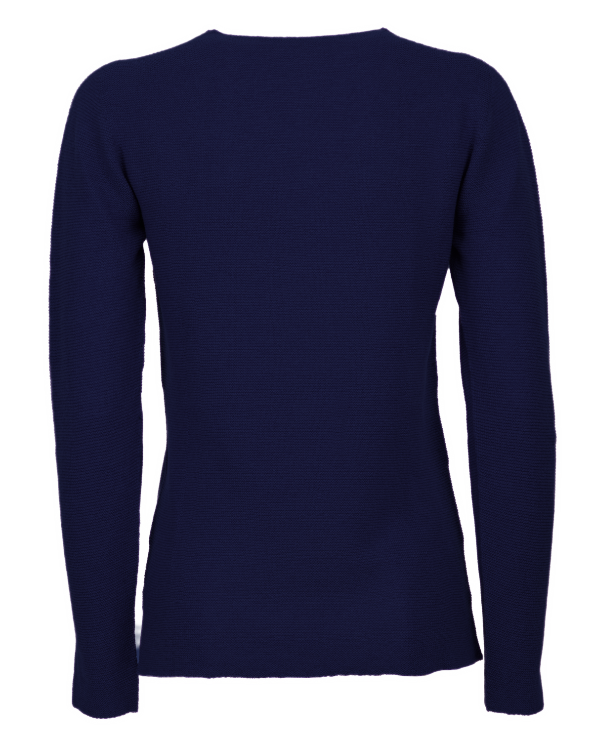 Blue pure cashmere links-stitch V-neck sweater, back view laid flat.