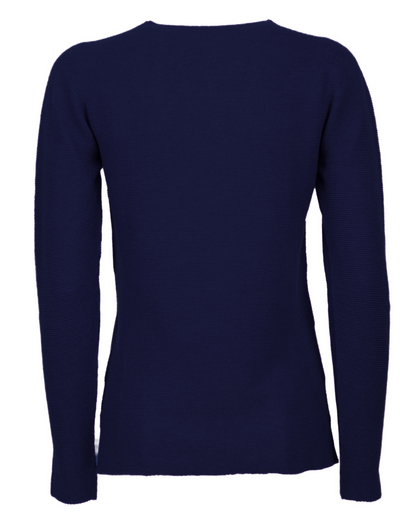 Blue pure cashmere links-stitch V-neck sweater, back view laid flat.