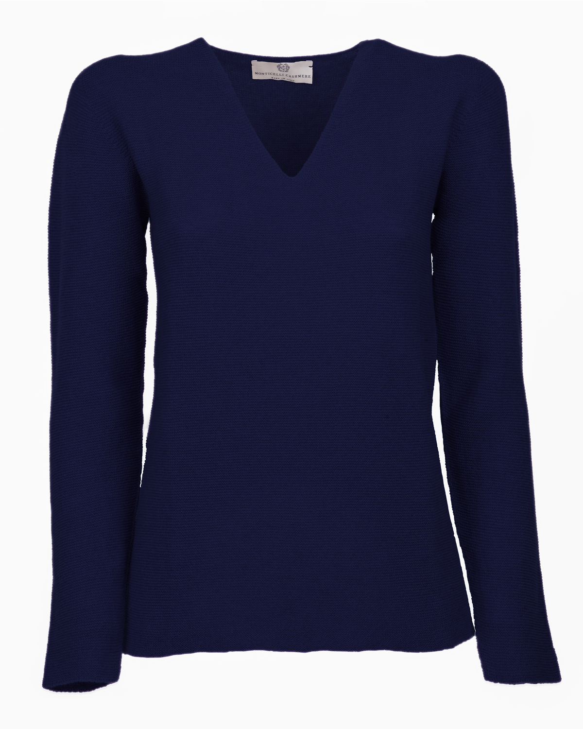 Blue pure cashmere links-stitch V-neck sweater, front view laid flat.