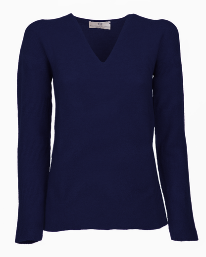 Blue pure cashmere links-stitch V-neck sweater, front view laid flat.