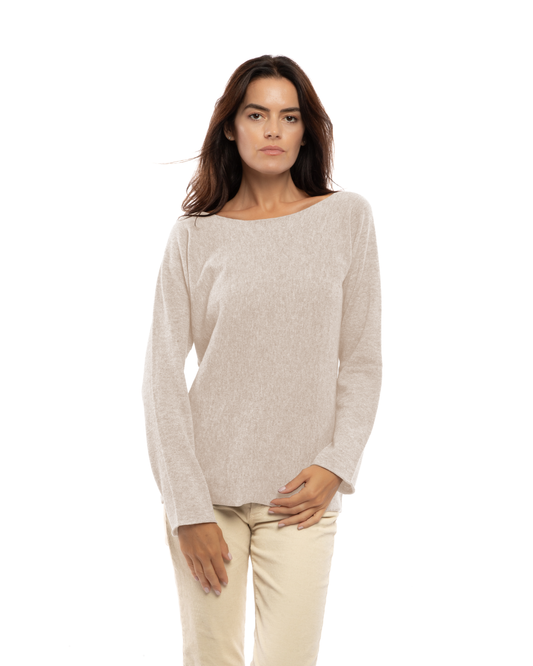 Beige cashmere maxi lounge boatneck sweater, front view on a model.