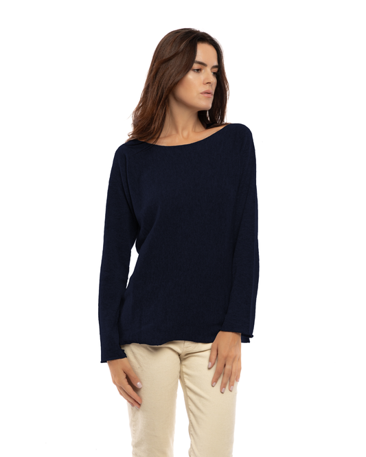 Night Blue cashmere maxi lounge boatneck sweater, front view on a model.