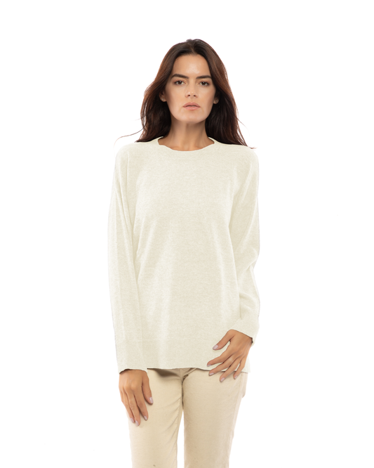 Milk White cashmere oversized crewneck sweater, front view on a model.