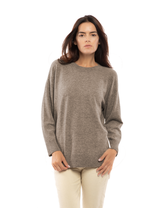 Taupe pure cashmere oversized crewneck sweater, model view.