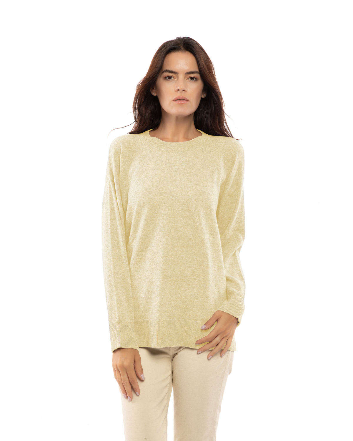 Butter Yellow pure cashmere oversized crewneck sweater, model view.