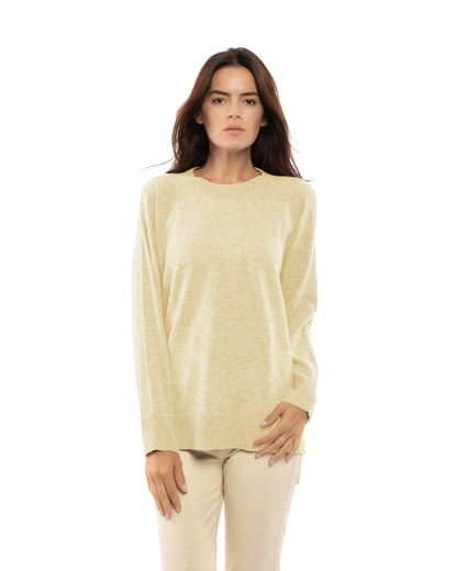 Butter Yellow pure cashmere oversized crewneck sweater, model view.