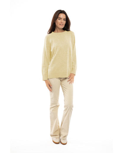 Butter Yellow pure cashmere oversized crewneck sweater, full-length view on a model.