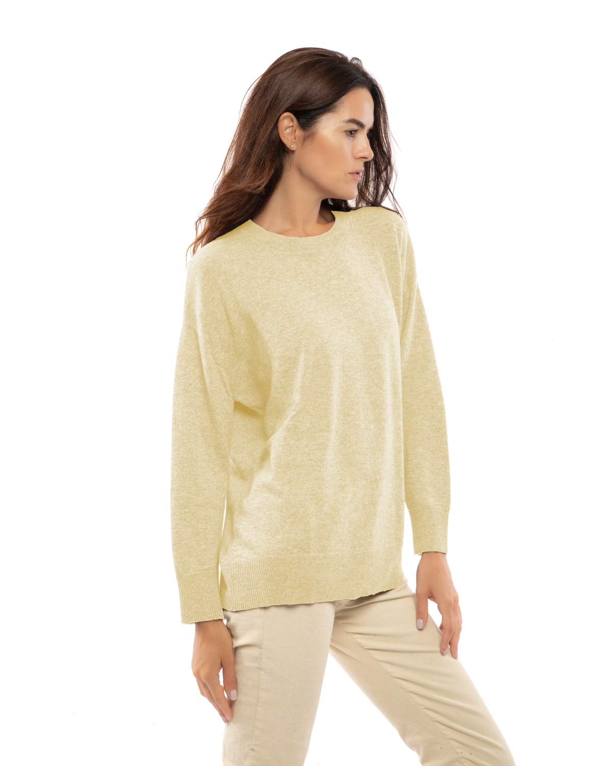 Butter Yellow pure cashmere oversized crewneck sweater, three-quarter view on a model.
